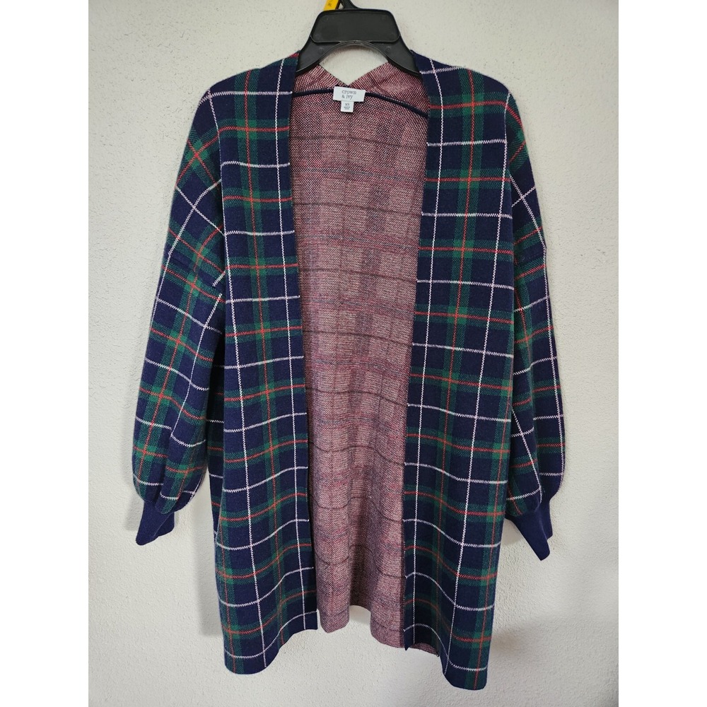 Crown & Ivy Long Sleeve Open Front Cardigan Green Plaid‎ Pattern Womens XS
